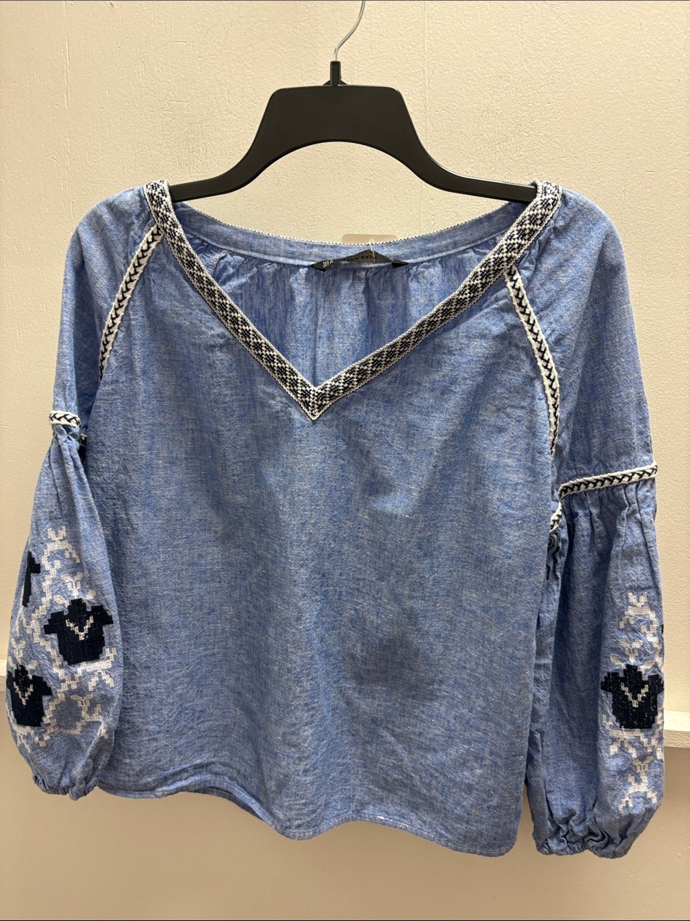 Zara Light Blue Embroidered V-Neck Peasant Blouse